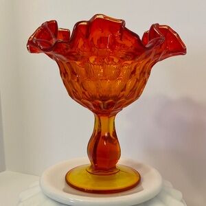 Vintage Fenton Amberina Glass Thumbprint Ruffled Edge Pedestal Compote Candy Dis